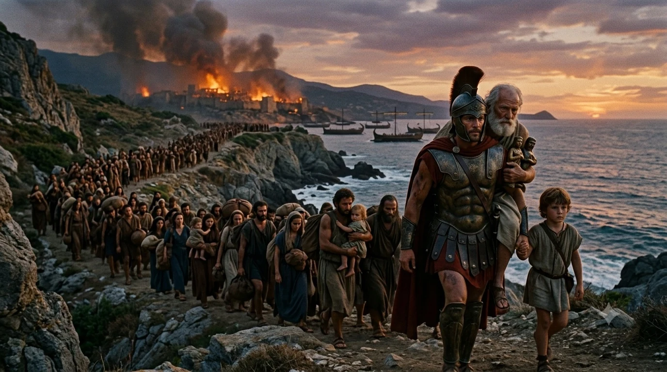 Aeneas in armour carries his aged father and leads his son along a rocky shore, a long column of refugees behind them and the city burning across the bay at sunset.