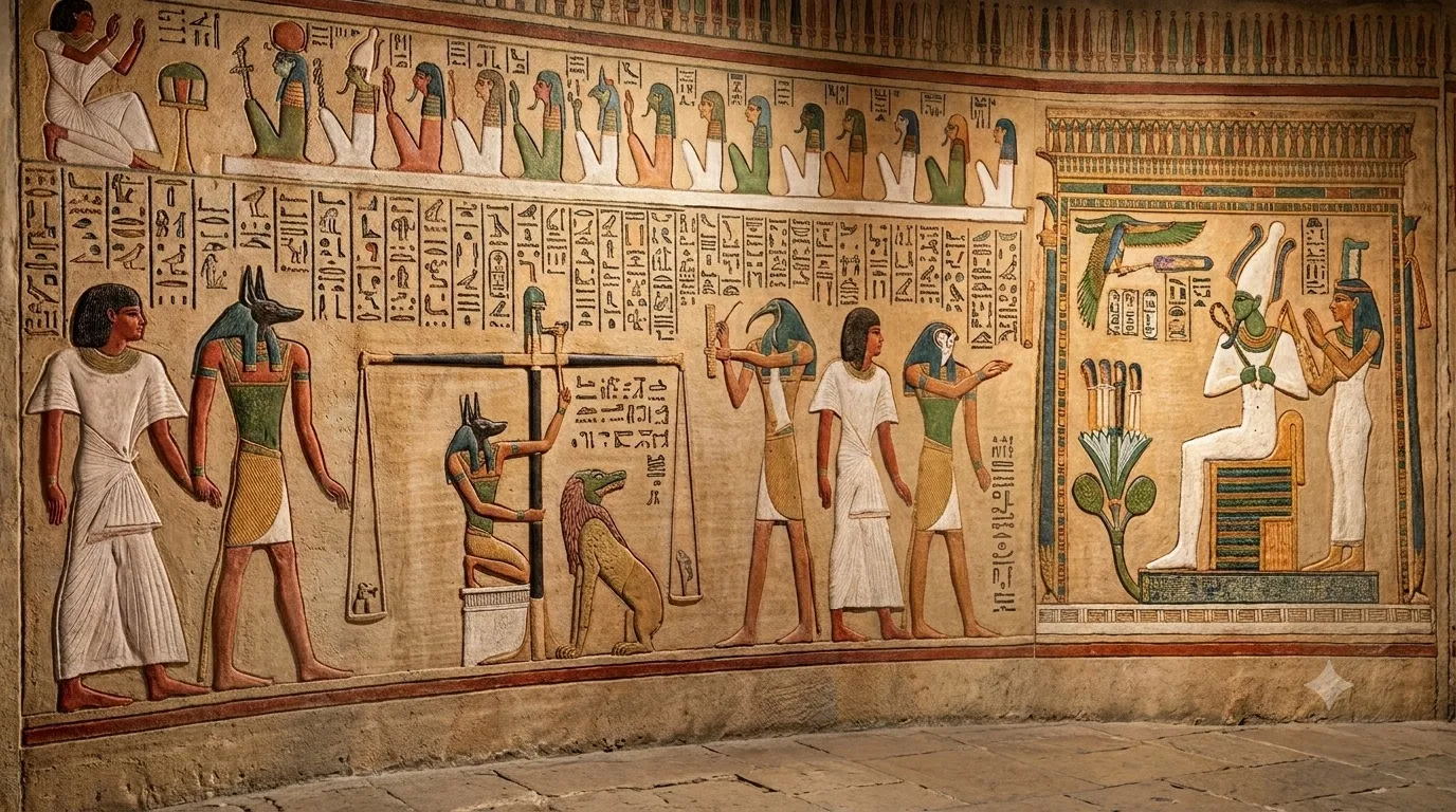 An ancient Egyptian tomb painting of the Weighing of the Heart: Anubis adjusts the scales against the feather of Maat while Thoth records the verdict before enthroned Osiris.