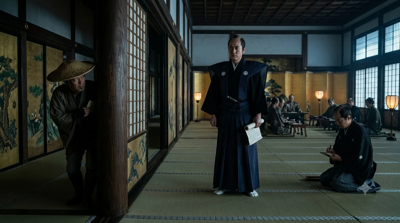 An Edo-period ōmetsuke standing in a daimyo's hall while a covert watcher observes from behind a pillar.