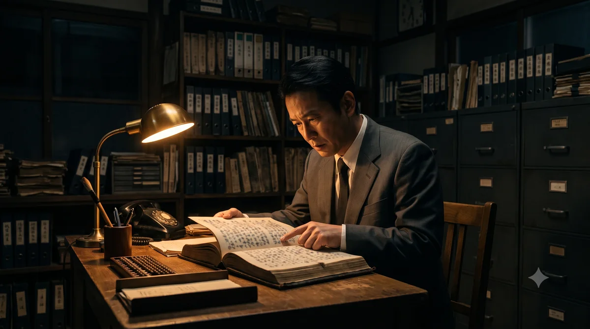 A man in a suit in a dim mid-20th-century Japanese office at night, consulting a thick bound directory under a desk lamp, filing cabinets behind him