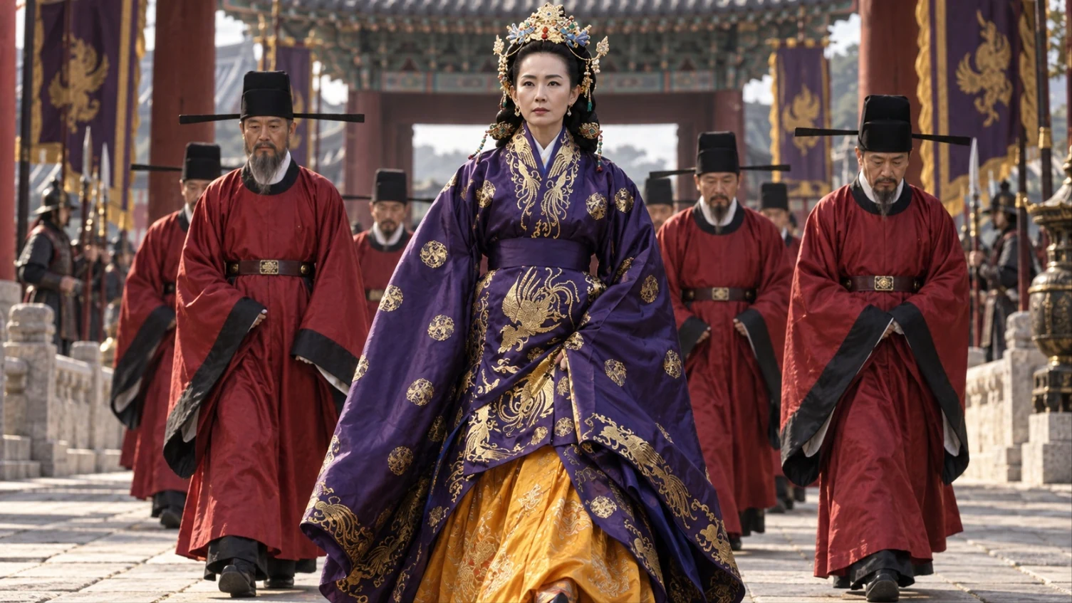 A Goryeo court procession in the early eleventh century, with a queen dowager's palanquin moving between palace halls