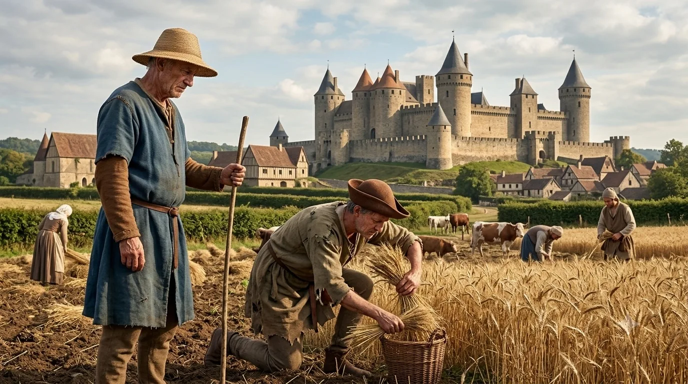 Medieval European peasants harvesting grain by hand before a great stone castle