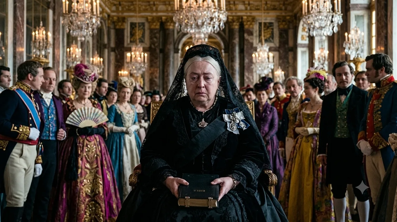 Queen Victoria in deep mourning black, seated among her court in the years after Prince Albert's death. (AI illustration)