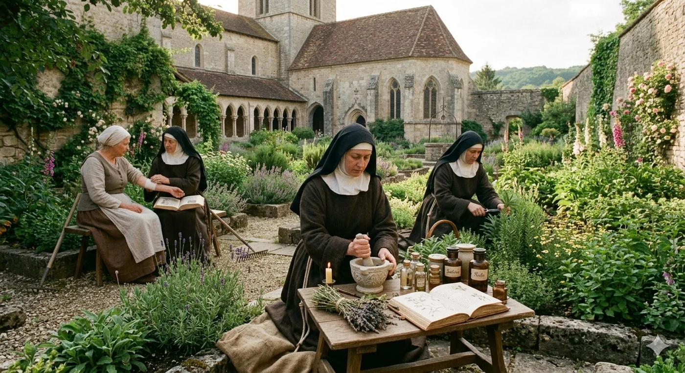 Women in medieval European dress, some in nun's habits, prepare herbs with a mortar and pestle in a monastery physic garden, an old illustrated herbal open on the table.