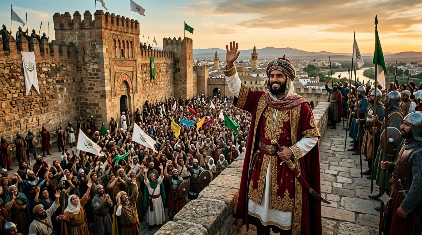 A robed ruler standing on the walls of a walled Iberian city at sunset, raising a hand to a cheering crowd below, with Umayyad banners on the ramparts and a river and minarets beyond