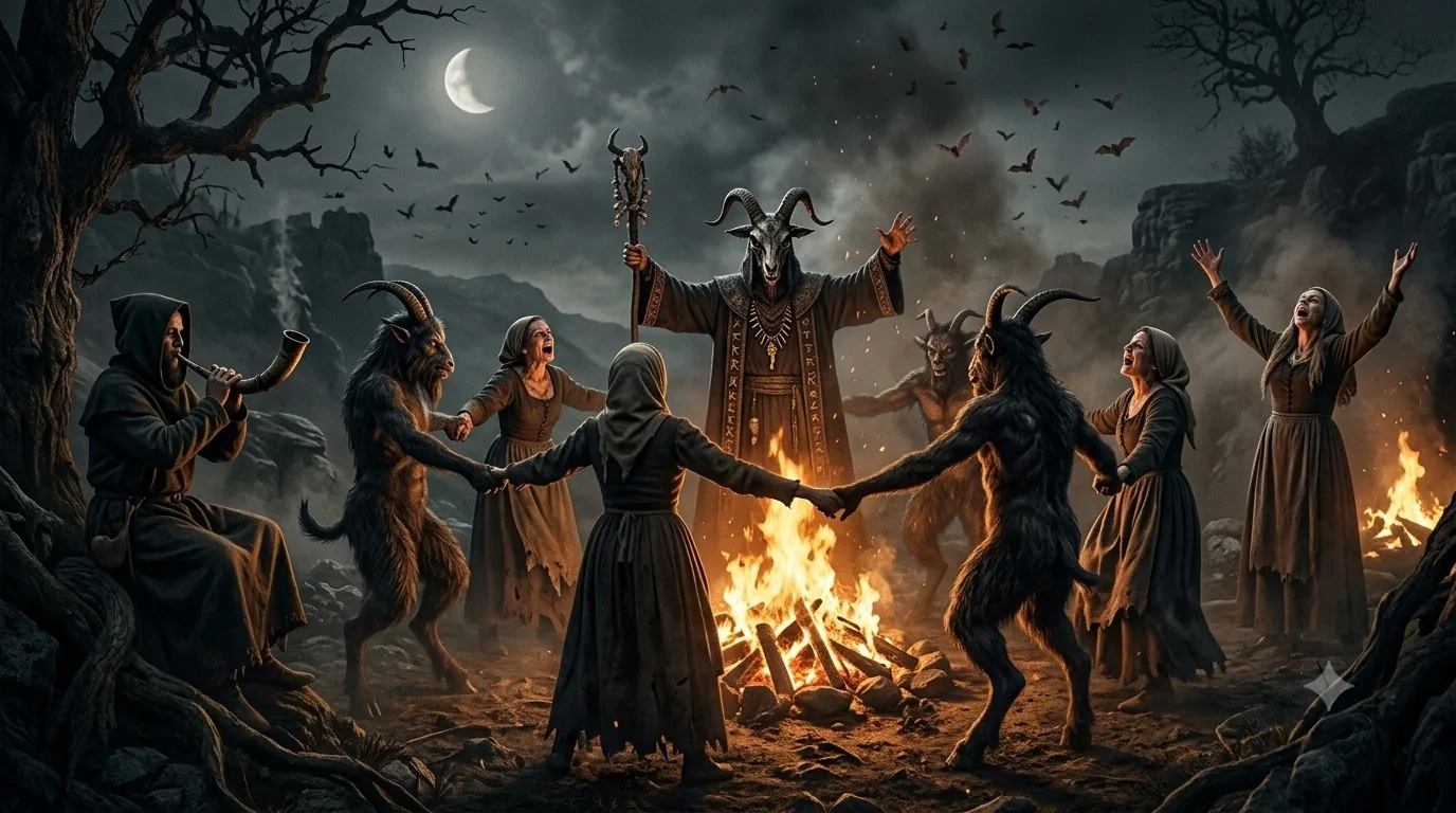 A nighttime gathering around a bonfire with a horned, robed figure presiding and villagers dancing in a ring under a crescent moon