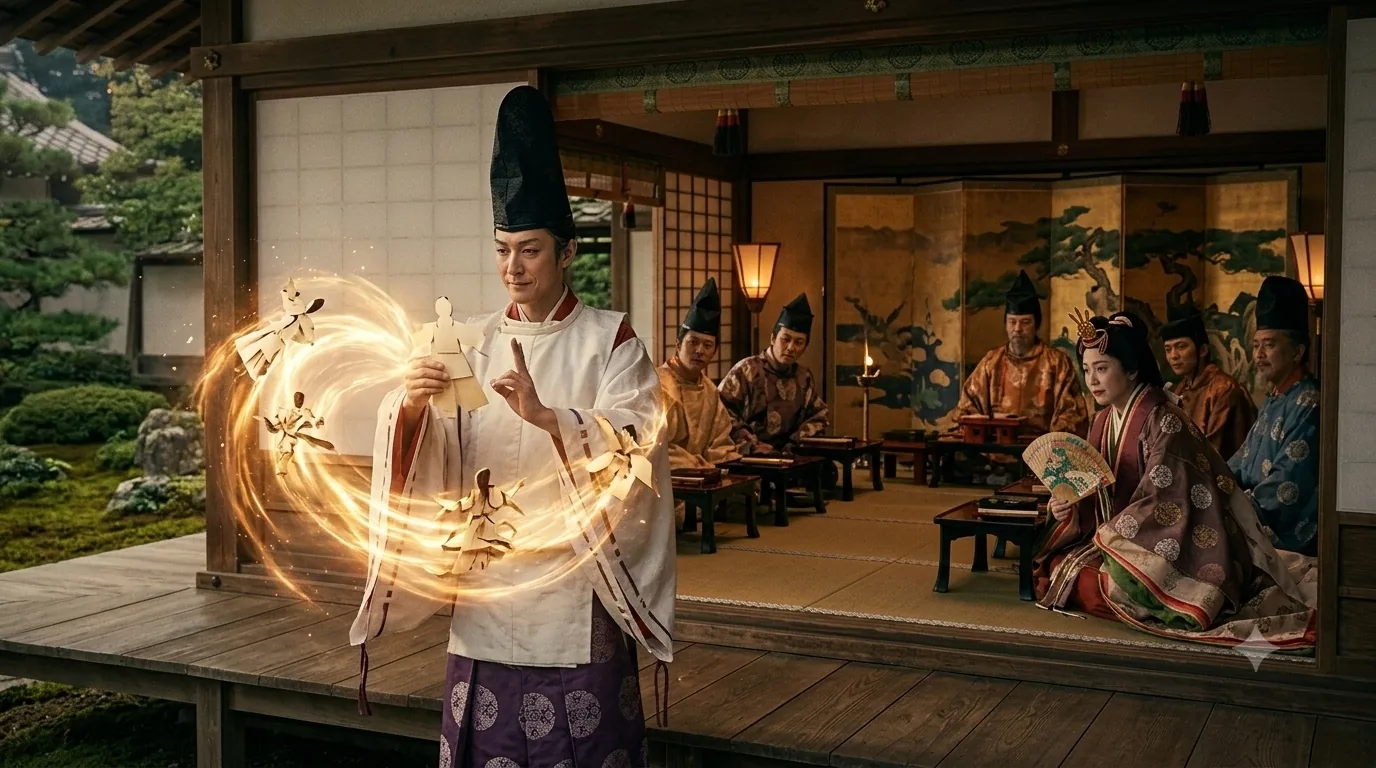A court diviner in white robes on a wooden veranda holding a paper figure, ringed by glowing paper shikigami, while robed nobles and a noblewoman with a fan watch from the matted room behind him