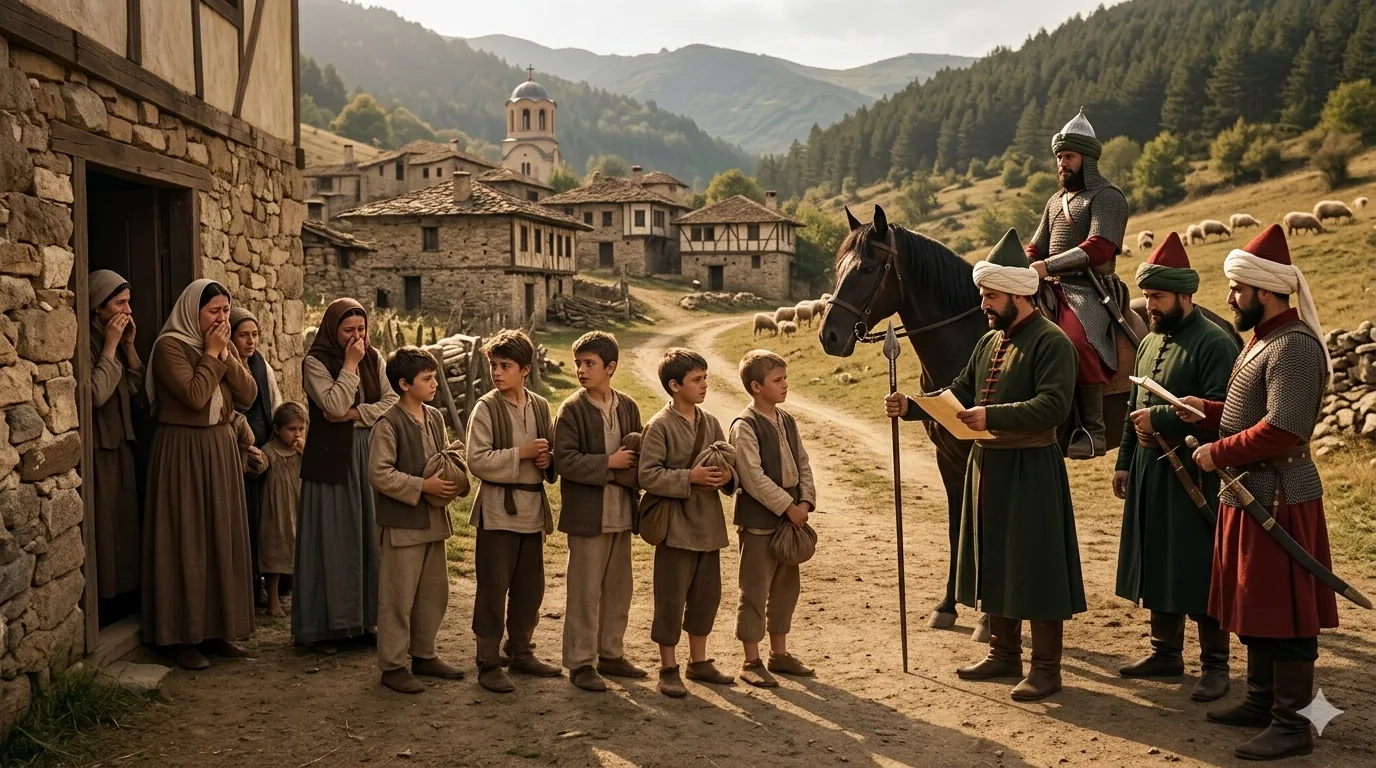 In a Balkan mountain village, mothers weep as a line of young boys with cloth bundles stand before Ottoman officials in turbans and kaftans, one reading from a register, a mounted soldier in chainmail behind them.