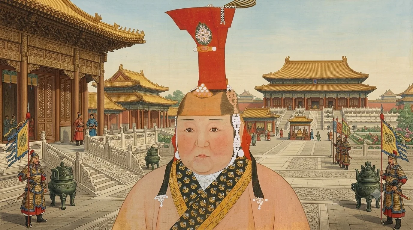 A half-length portrait in the manner of the Yuan imperial albums: a round-faced empress in a tall red boqta headdress and a gold-patterned robe, palace halls behind her.