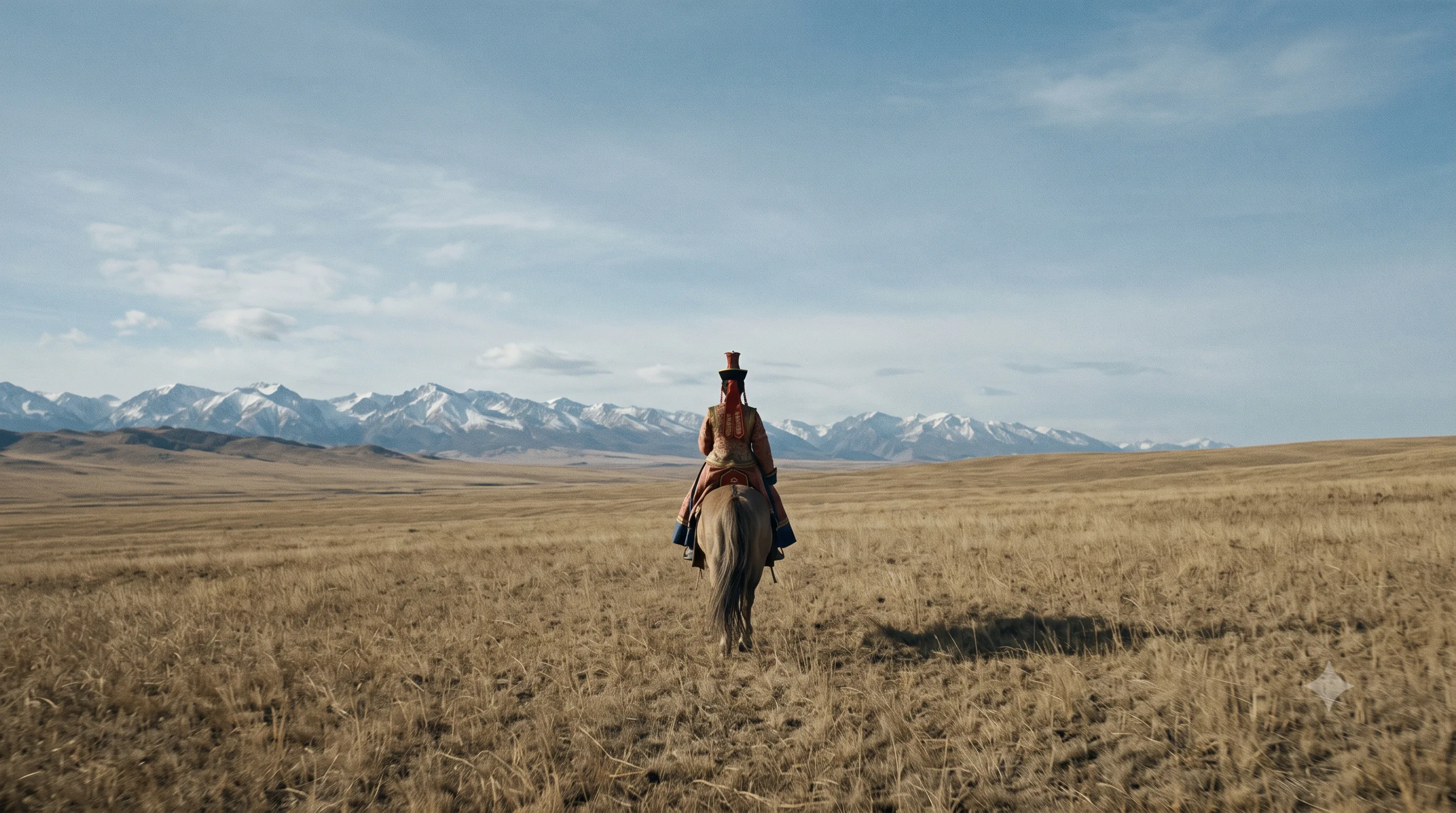 A lone figure in Yuan imperial dress riding north across the steppe toward distant snow mountains