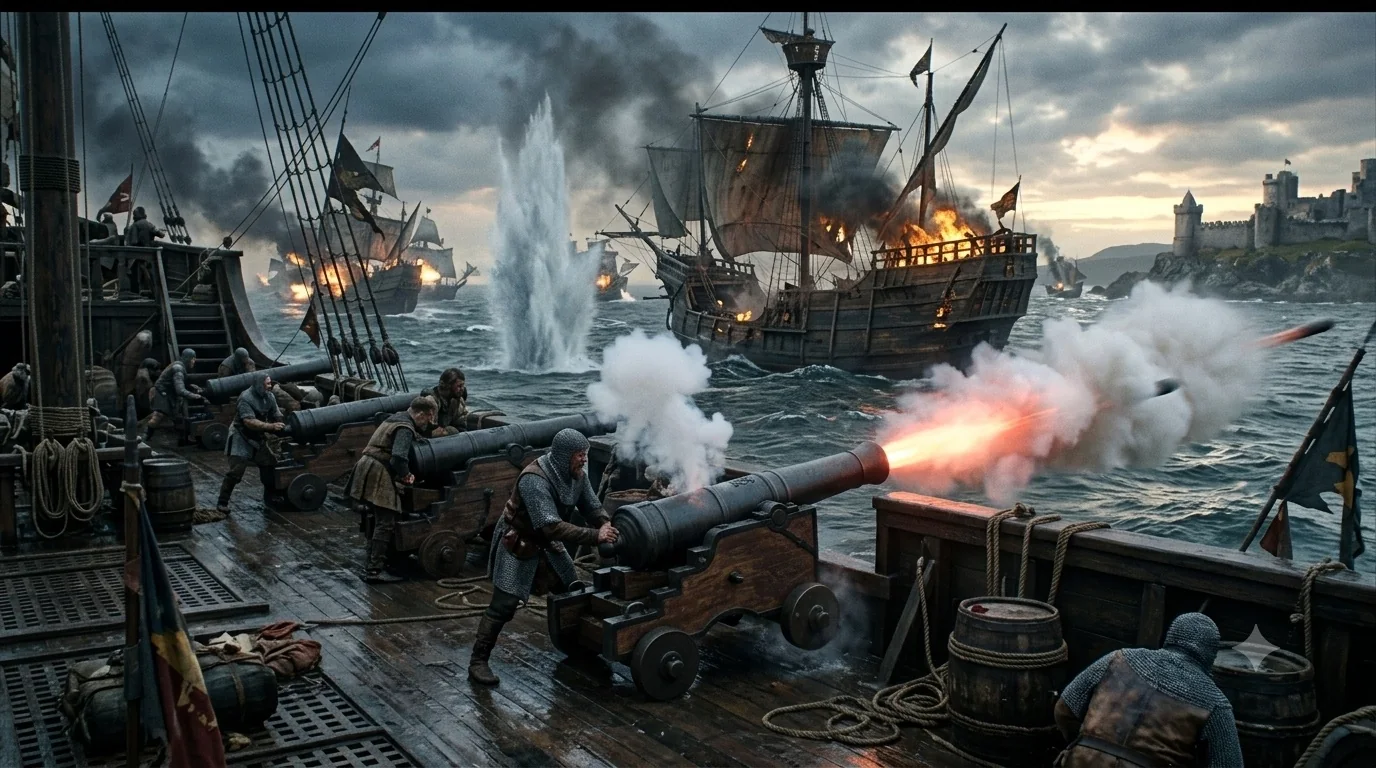 A medieval European warship's deck in rough weather, crews in mail working wheeled cannon that fire across grey sea at a burning carrack, a castle on the headland behind.