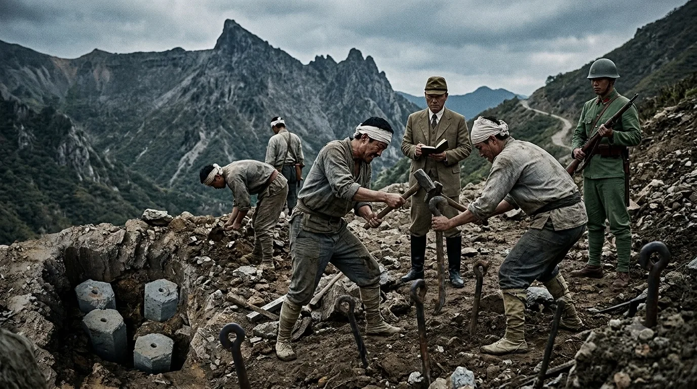 Labourers driving metal stakes into a mountain ridge under the eye of a uniformed officer during the colonial period.