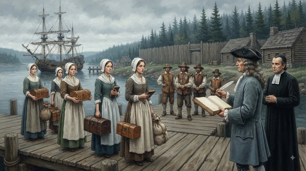 On a wooden dock in New France, five young Frenchwomen in plain gowns and white caps hold small chests and bundles while an official in a tricorne hat writes in a large open register and a clergyman looks on; armed settlers wait behind a palisade.