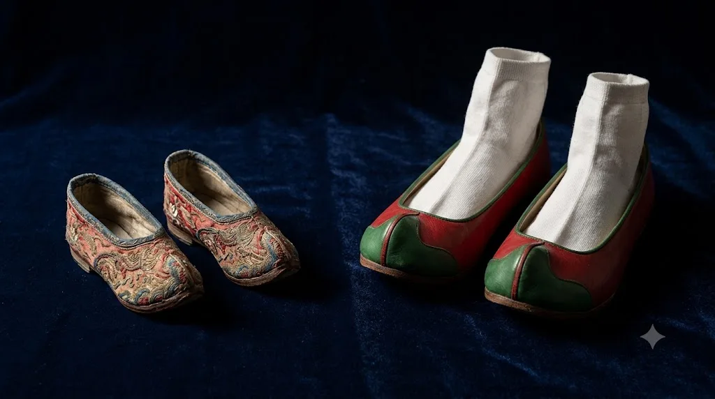 Museum-style still life on dark velvet: a pair of tiny embroidered Qing lotus shoes for bound feet beside a pair of full-sized Korean women's shoes with white beoseon socks.