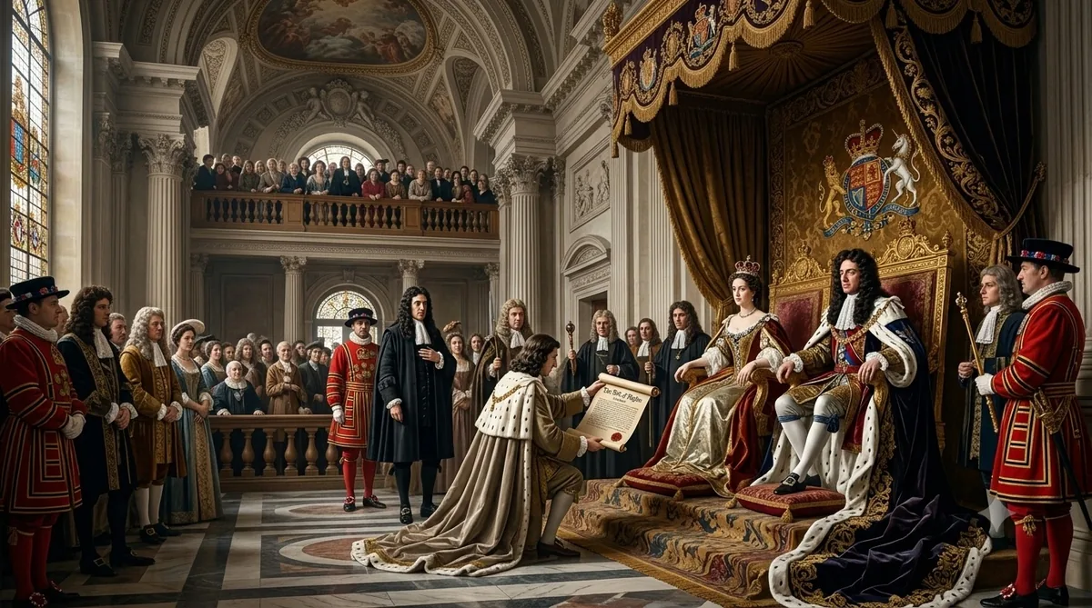 William III and Mary II enthroned in a grand English hall as a kneeling lord presents the scroll of the Bill of Rights