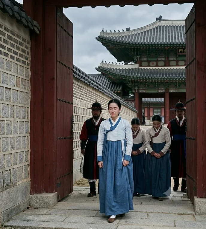 A deposed Joseon queen in a plain blue hanbok walking out through a palace gate, watched by attendants