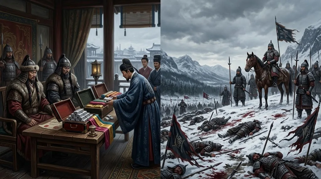 Left: a Song official presenting silver and silk to Liao envoys; right: Goryeo soldiers victorious on a snowy battlefield