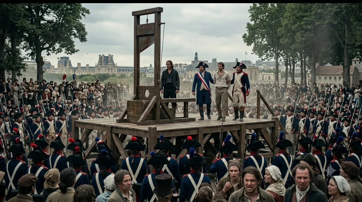 A guillotine on a wooden scaffold before a packed Paris crowd ringed by soldiers of the Revolution.