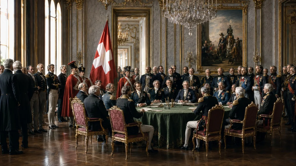 European statesmen and generals seated around a green-covered round table in an ornate palace hall, negotiating a treaty