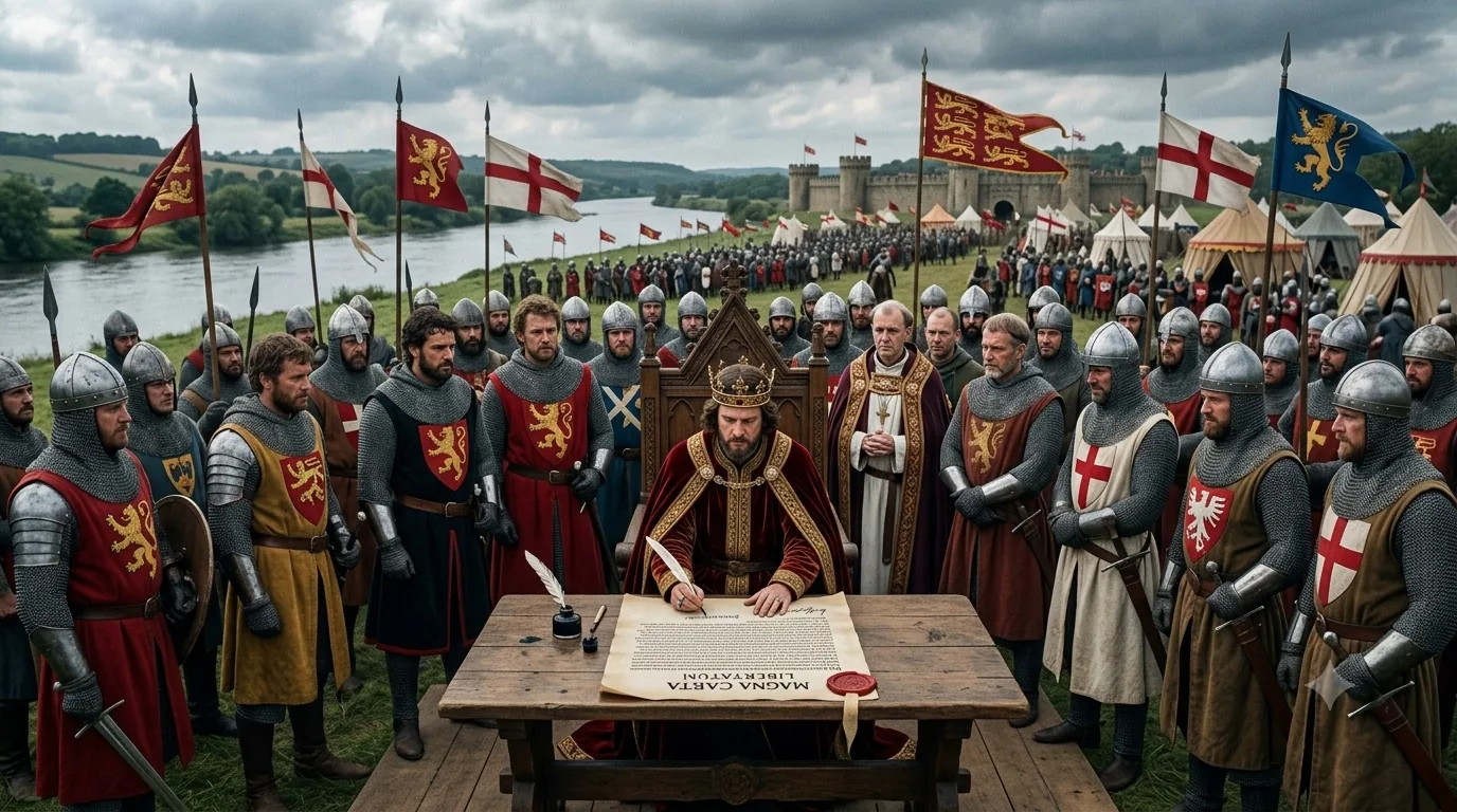 King John seated at a table in a meadow at Runnymede, surrounded by armed and armoured barons under their banners, authenticating the Magna Carta document