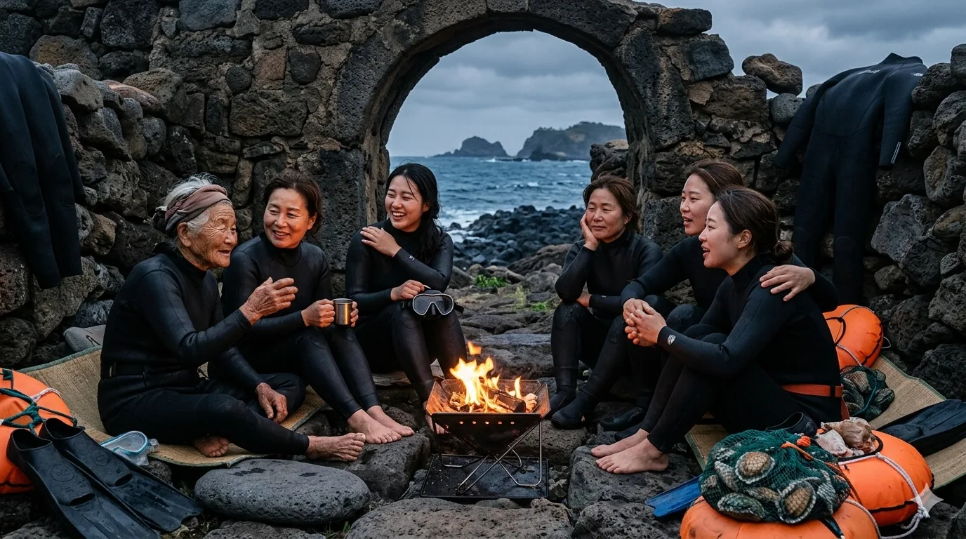 Several haenyeo of different ages rest and talk around a small fire inside a stone bulteok windbreak on the Jeju shore.