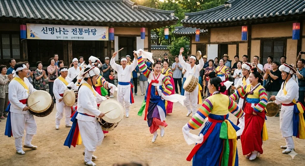 Villagers in white and rainbow-striped hanbok dancing together with drums in a sunlit courtyard