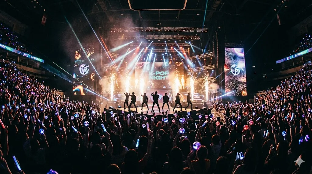 A K-pop concert: performers in silhouette on a brightly lit stage above a sea of glowing light sticks