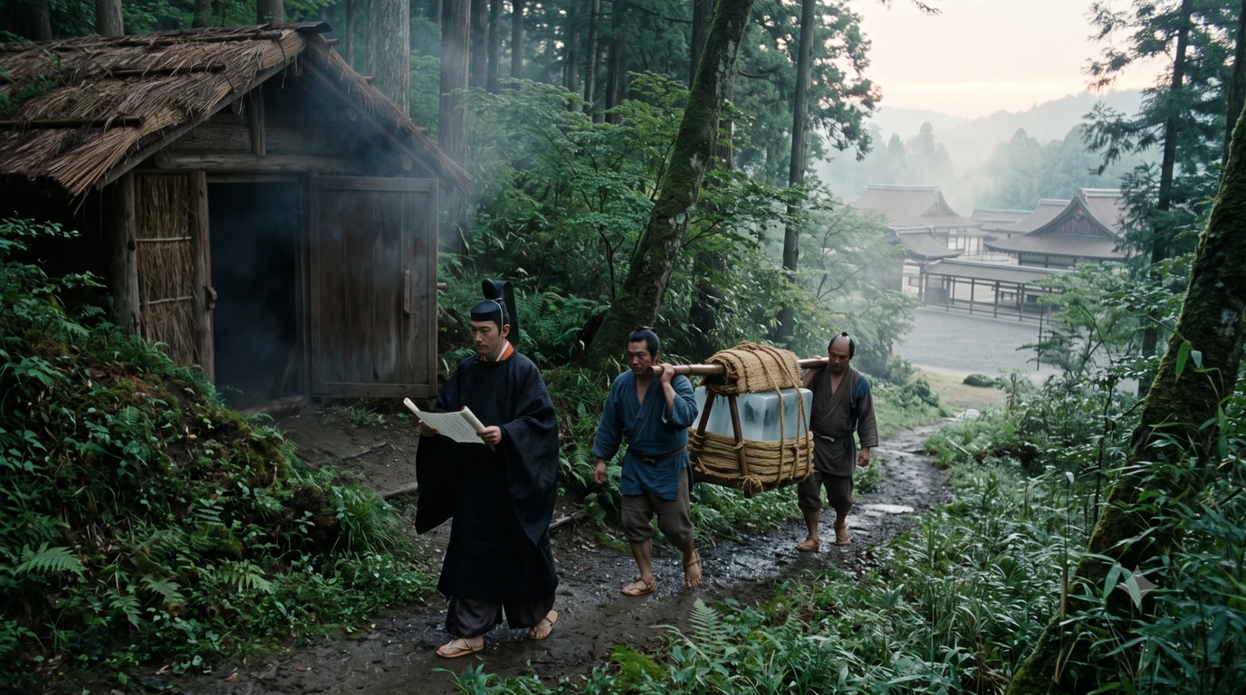 On a misty wooded hillside, a thatched ice house with its door open; a court official in dark robes walks ahead reading a document while two labourers carry a straw-wrapped block of ice on a shoulder pole down the path toward palace roofs below.