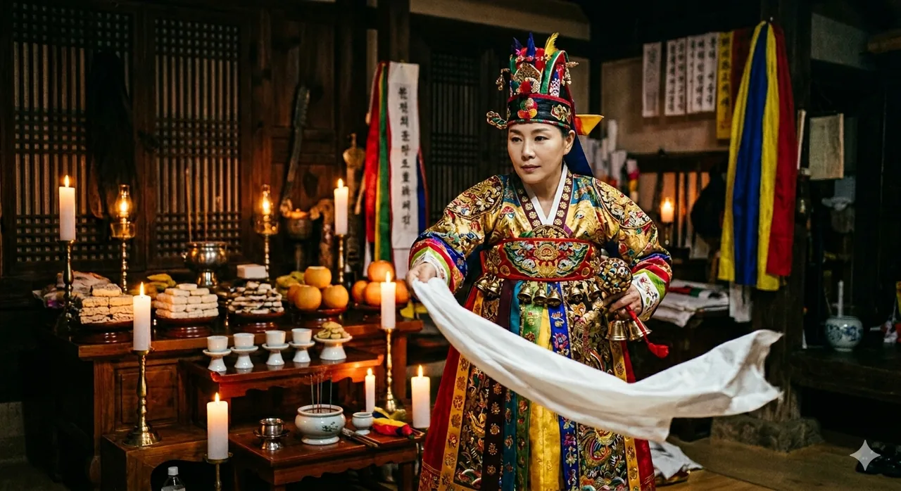 A Korean shaman (mudang) in vivid ritual robes performing a gut by candlelight, holding white cloth before an offering table, guiding a soul onward