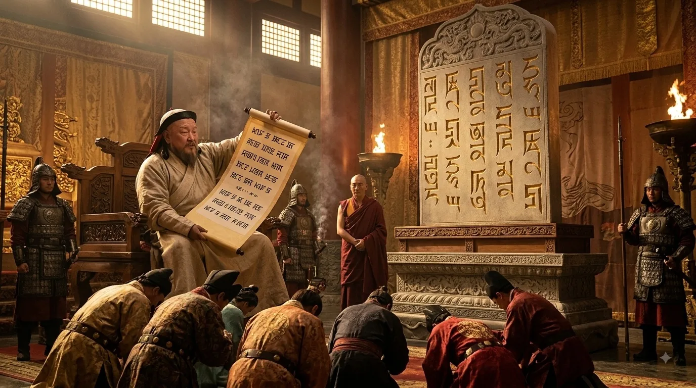 A Yuan court hall: the emperor seated on a dais unrolling a scroll of square Phags-pa letters, a monk in maroon robes standing beside a tall stone stele carved with the same script, and officials bowing on the floor below.