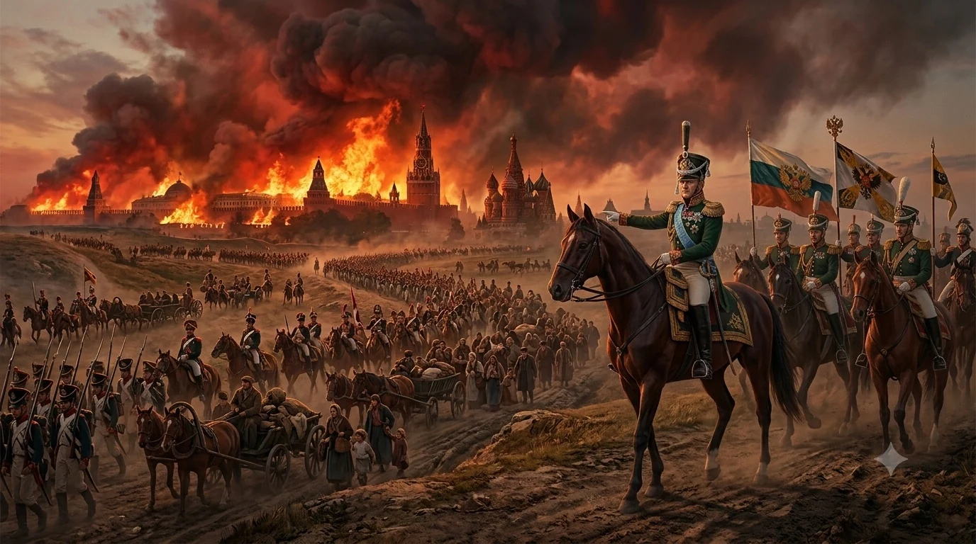 Moscow burning in 1812 as Napoleon's columns and refugee carts stream past, Russian officers watching from a ridge. (AI illustration)