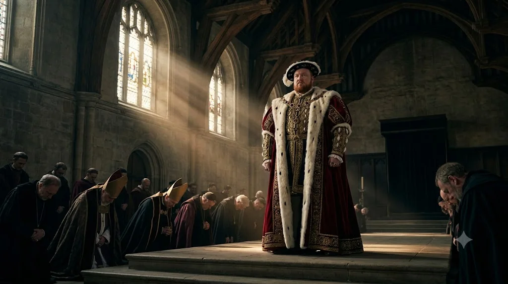 Henry VIII standing in majesty as bishops and clergy bow before him in a great hall, symbolizing the king becoming head of the English Church