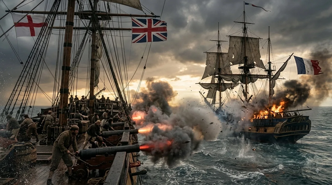 A sea battle under storm cloud between square-rigged European warships flying English and French colours, gun crews working a broadside as an enemy ship burns astern.