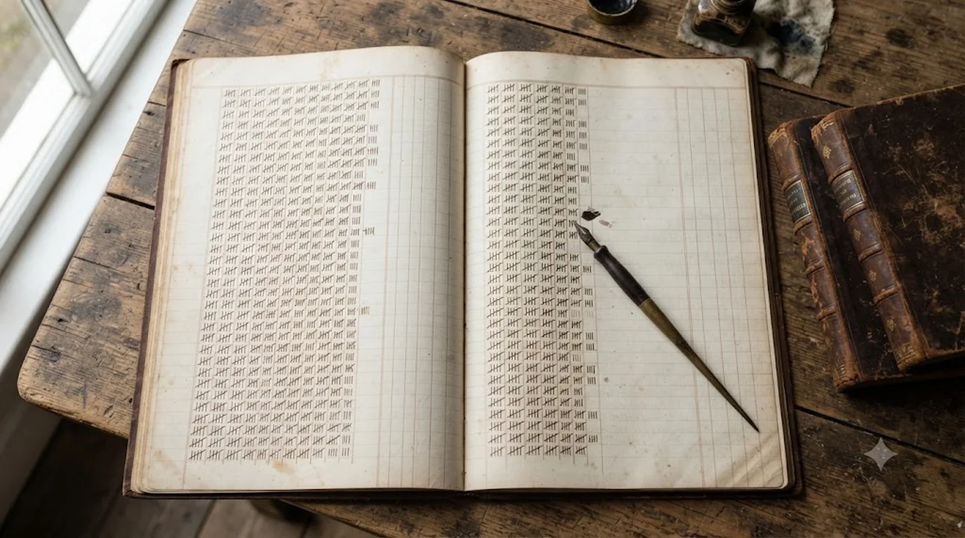 A hospital ledger opened flat on a wooden table, ruled columns of handwritten tallies running down the page, a pen laid across it and a stack of similar volumes beside.