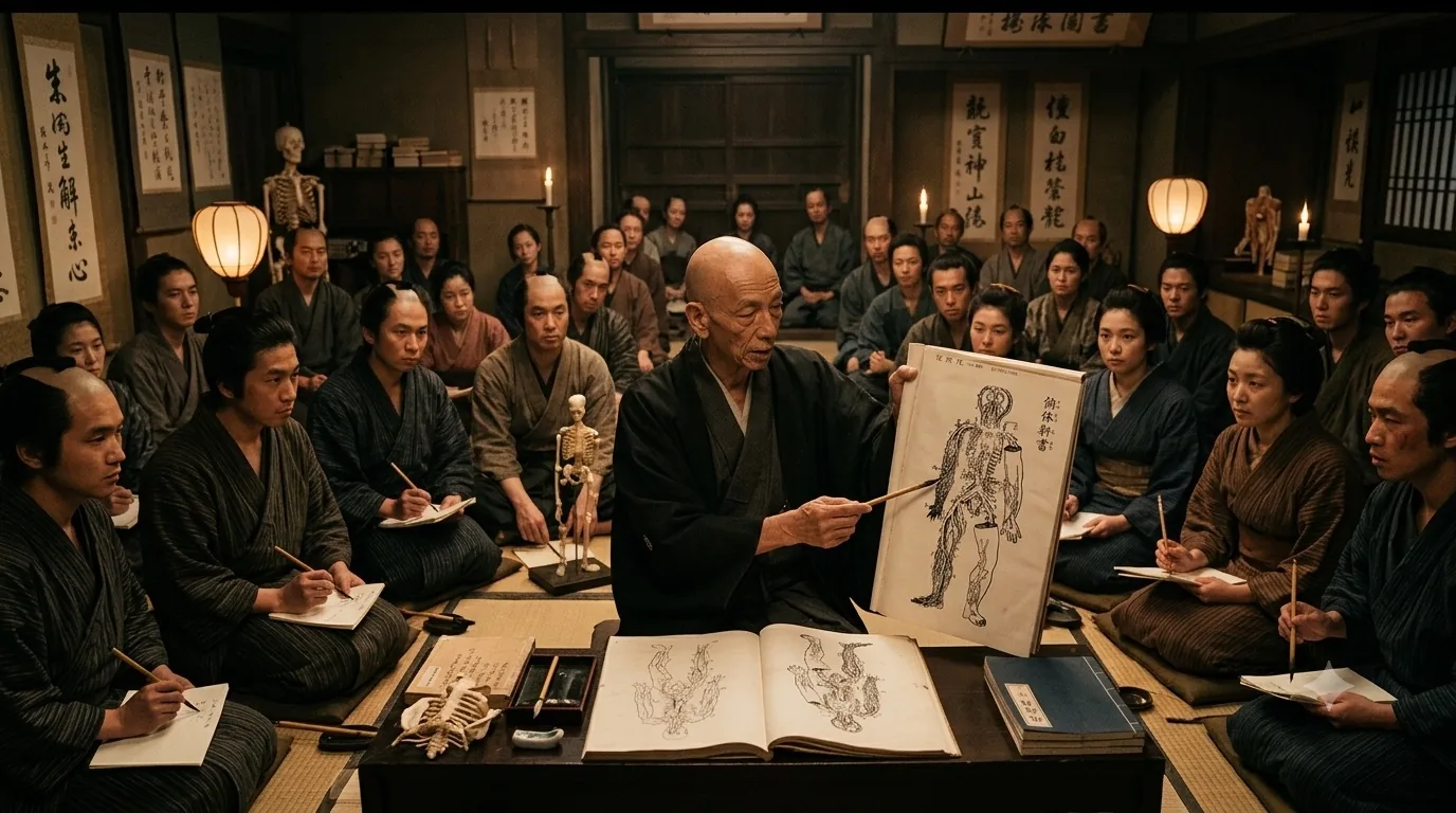 A Japanese scholar in dark robes holding up an illustrated anatomical chart before a room of seated students taking notes, with a skeleton model and open anatomy books on the low table