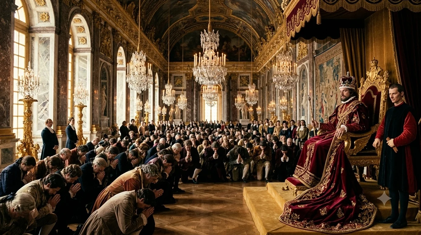An absolute monarch enthroned in a European palace hall, the entire court kneeling before him.