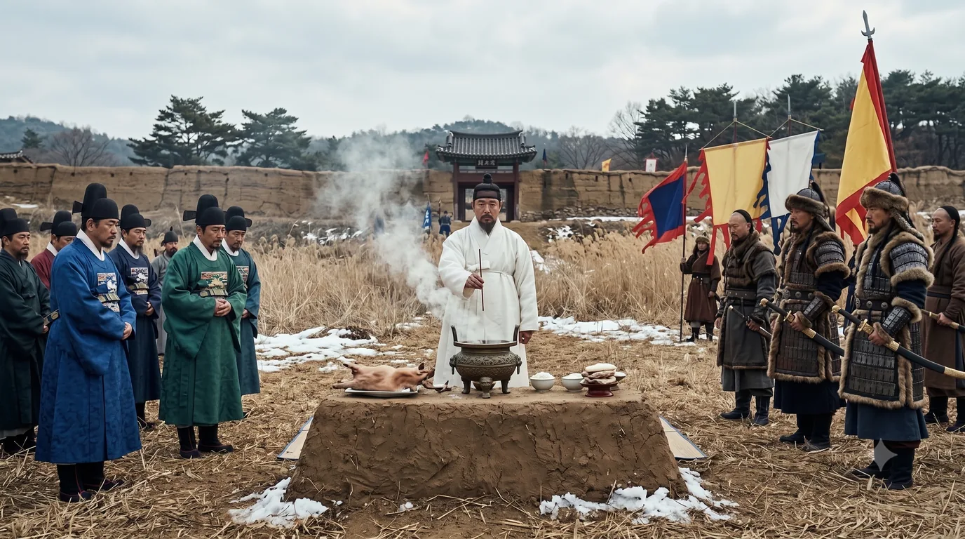 Joseon ministers and Later Jin envoys at the oath altar where an ox and a horse are slaughtered for the covenant of 1627, while the king performs his own rite of announcing to Heaven indoors.