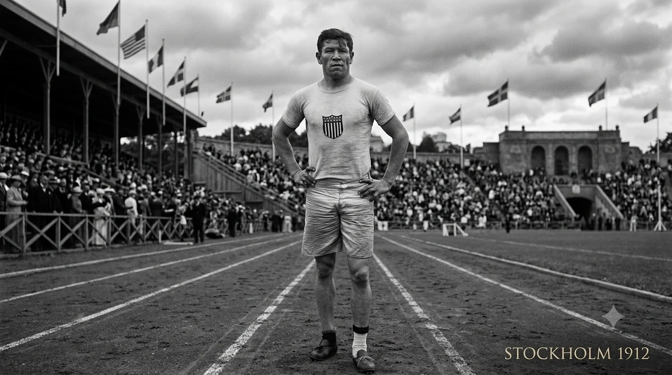 Jim Thorpe standing on the cinder track at the 1912 Stockholm Olympic stadium in a USA vest, hands on hips, national flags behind him