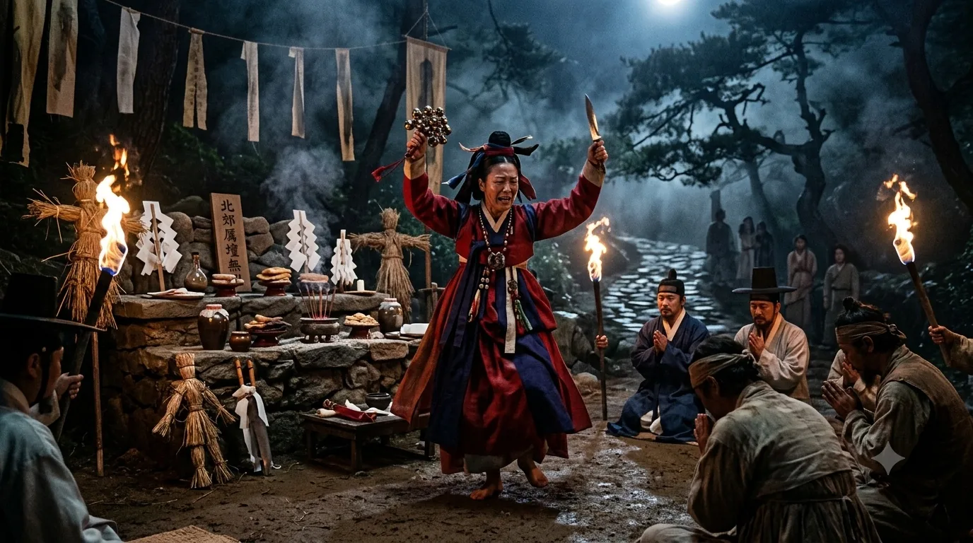 A shaman in red and blue robes dancing barefoot before an altar at night, bells in one hand and a knife in the other, torches burning, straw effigies and paper streamers on the altar, onlookers kneeling in the mist.