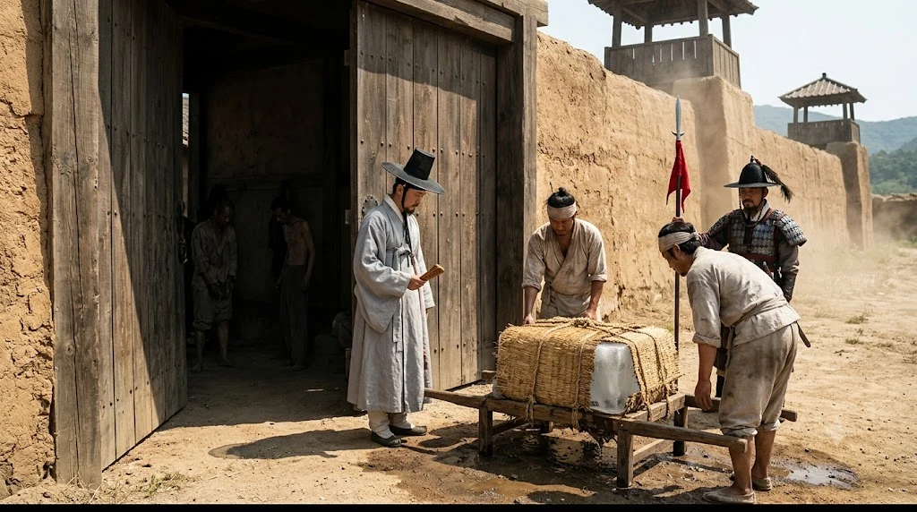 At a prison gate in high summer, a clerk in a pale official's robe holds a small wooden tally while labourers set down a straw-wrapped block of ice on a wooden frame; a guard with a spear stands by and gaunt figures are just visible inside the dim gateway.