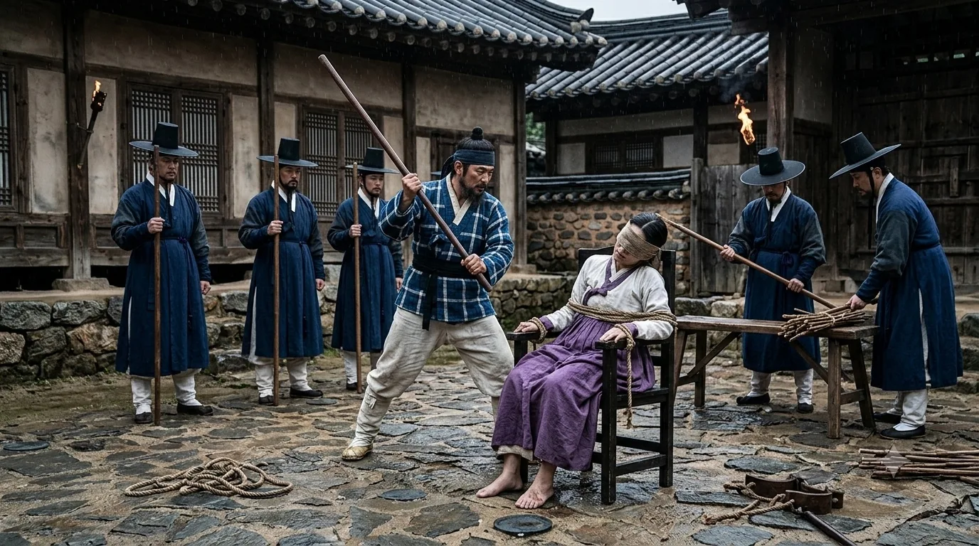 An interrogation in a Joseon government courtyard: a bound prisoner seated before officials while runners hold rods, ropes and restraints laid out on the stones.