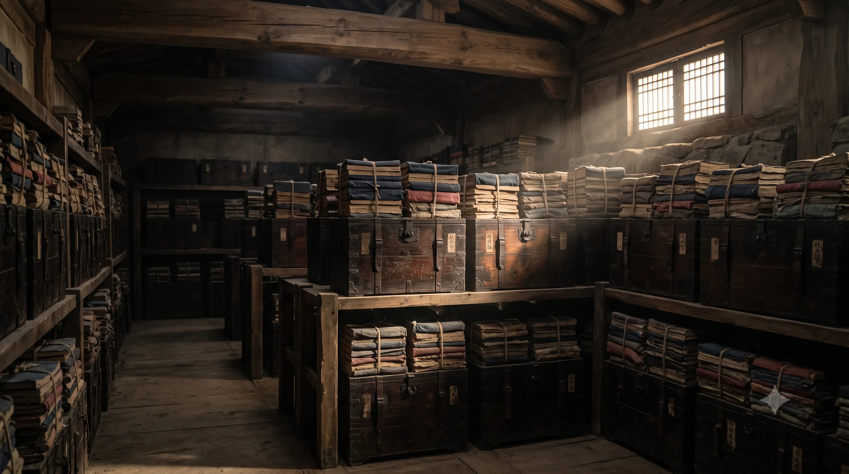 Rows of wooden chests holding cloth-wrapped volumes of the Annals in a dim mountain archive