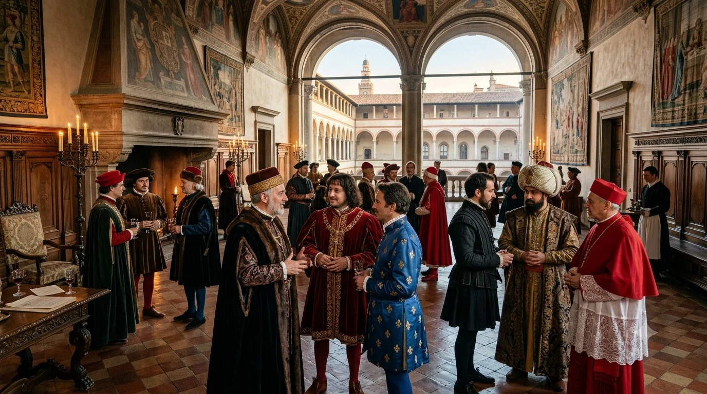 A Renaissance Italian court in session — envoys from several states in conversation beneath frescoed arches, an Ottoman and a cardinal among them. (AI illustration)