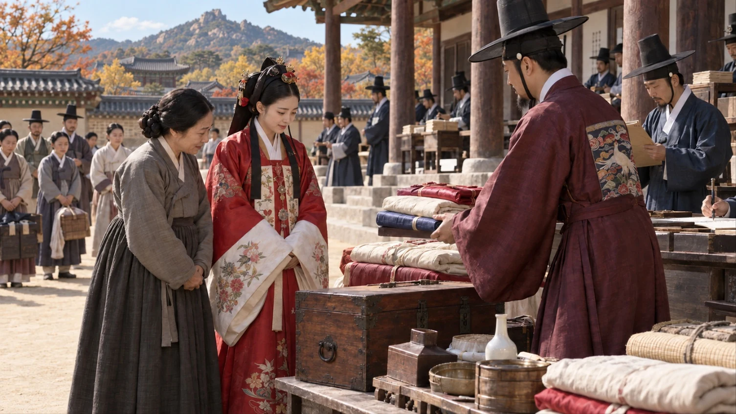 An official hands folded cloth and wedding goods from a table stacked with chests to a young woman in red and an older woman, while clerks keep records under the eaves