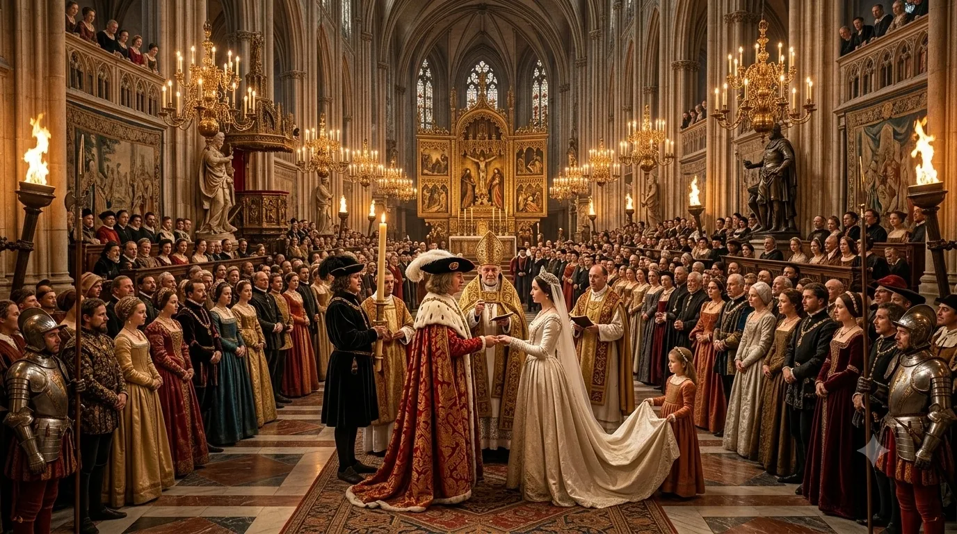 A grand cathedral wedding of European royalty: a richly robed noble couple join hands before a bishop, watched by a crowded court of nobles and armored guards. (AI illustration)