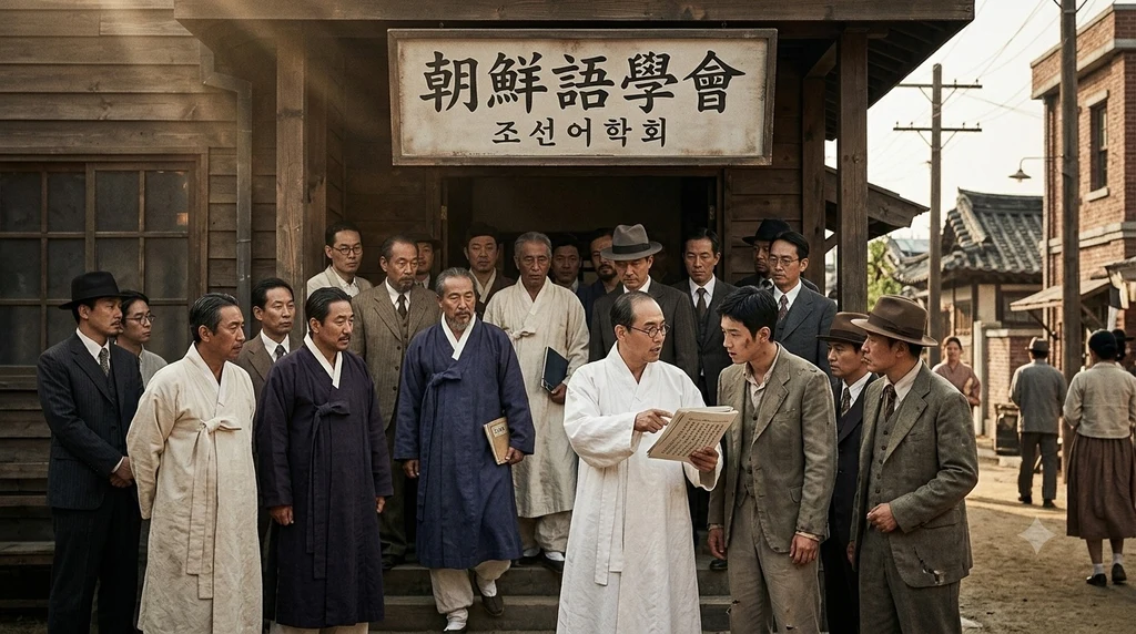 Outside a wooden building in colonial-era Seoul, a crowd of men gathers beneath a signboard reading 朝鮮語學會 with 조선어학회 below it. Some wear white and indigo hanbok, others Western suits and fedoras; a man in white holds an open manuscript of Korean text and speaks to a younger man beside him.
