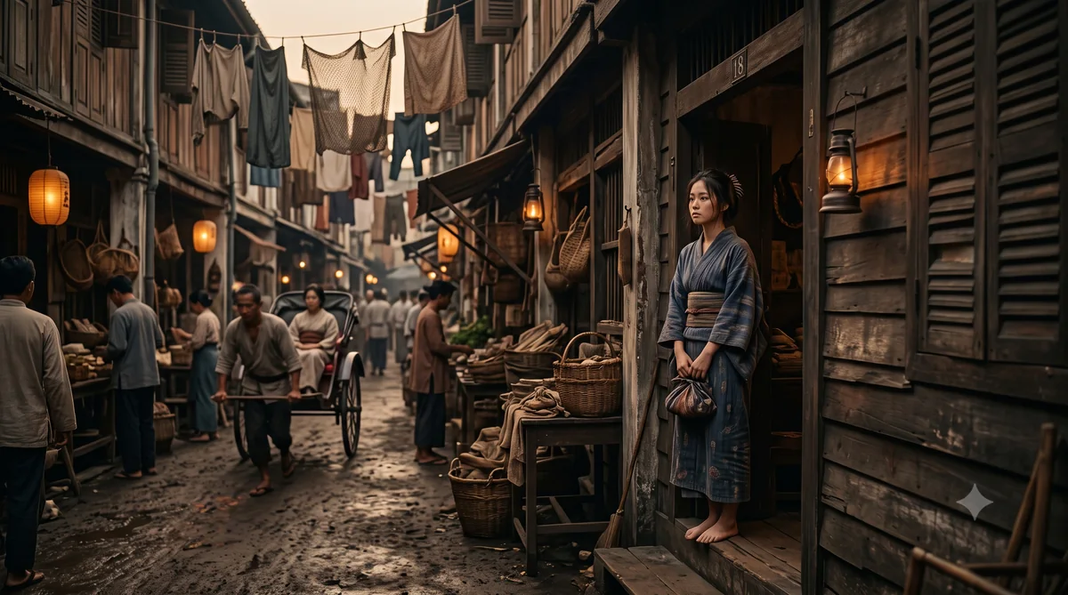 A young Japanese woman in a worn kimono standing alone in the doorway of a wooden shophouse in a lantern-lit Southeast Asian port alley at dusk