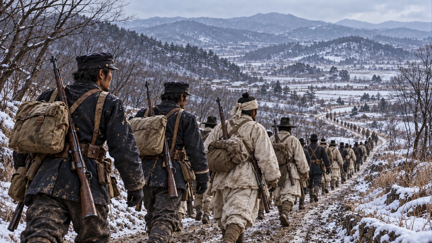 A column of Korean Righteous Army fighters, disbanded soldiers in dark uniforms alongside villagers in white cotton, marching single file down a snowy mountain road with old rifles