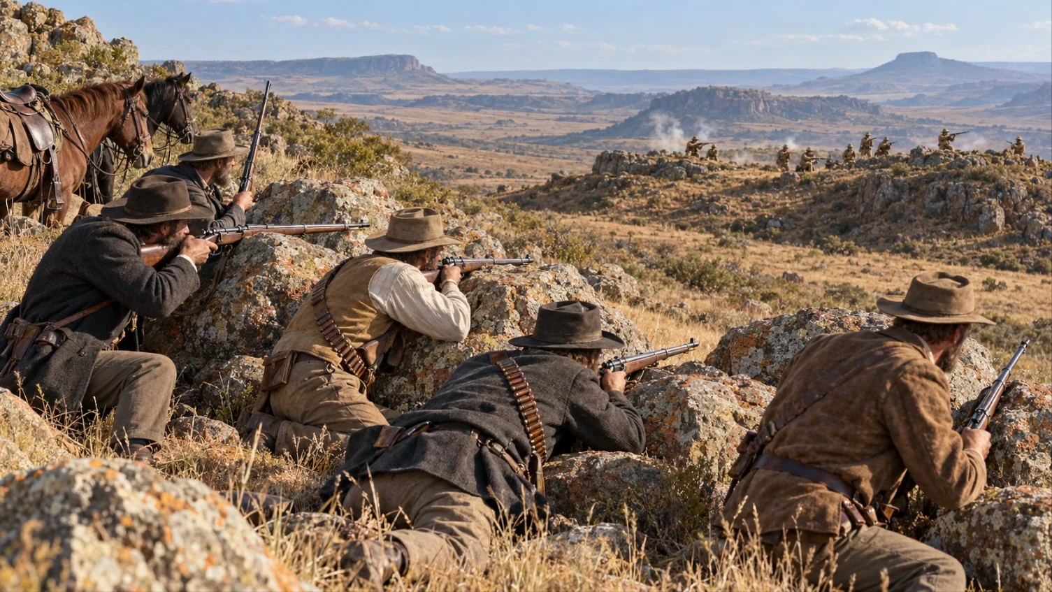 Boer fighters in slouch hats and bandoliers firing rifles from behind lichen-covered rocks on a dry South African hillside, with horses waiting behind them