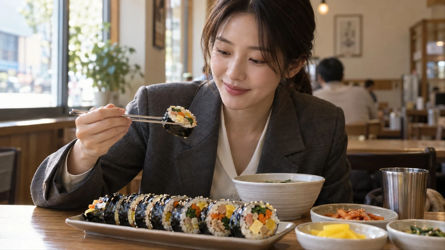 A young woman in a dark blazer holds up a slice of gimbap with chopsticks in a small restaurant, with a row of cut rolls and side dishes in front of her